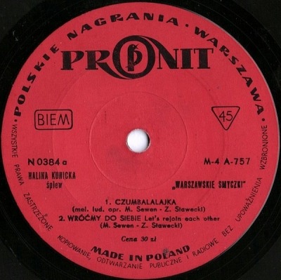 Czumbalalajka - Halina Kunicka (Singiel, Winyl, 7", 45 RPM, EP, Mono, ℗ © 1966 Polska, Pronit #N 0384) - przód główny