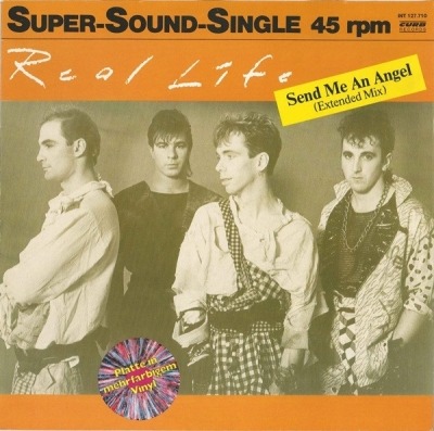 Send Me An Angel (Extended Mix) - Real Life (Winyl, 12", 45 RPM, Stereo, Super Sound Singiel, Multicolored, Marbled, ℗ 1983 © 1984 Niemcy, Curb Records #INT 127.710) - przód główny
