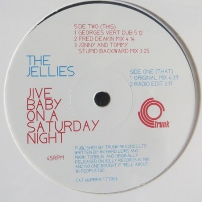 The Jellies - Jive Baby On A Saturday Night (Singiel, Winyl, 12", 45 RPM, ℗ 1981 © Sie 2017): oprawa graficzna przedniej okładki