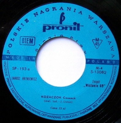 Kozaczok / Daj Mi Świat - Janusz Hryniewicz / Stenia Kozłowska (Winyl, 7", 45 RPM, Singiel, Mono, ℗ © 1969 Polska, Pronit #SP-193) - przód główny