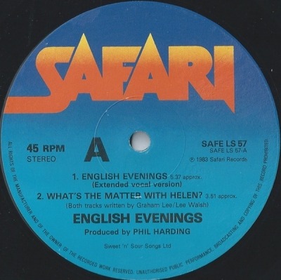 English Evenings - English Evenings (Winyl, 12", 45 RPM, Singiel, Stereo, ℗ © 1983 Wielka Brytania, Safari Records #SAFE LS 57) - przód główny