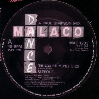 One For The Money - Sleeque (Singiel, Winyl, 12", 45 RPM, ℗ © 1986 Wielka Brytania, Malaco Dance #MAL 1233) - przód główny