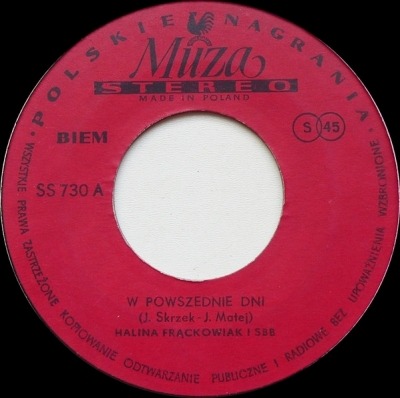 W Powszednie Dni - Halina Frąckowiak I SBB (Winyl, 7", 45 RPM, Singiel, Stereo, ℗ © 1977 Polska, Polskie Nagrania Muza #SS 730) - przód główny